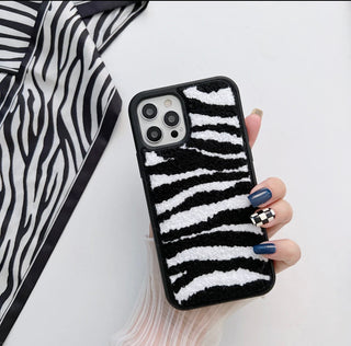 Warm plush zebra design silicon embroidery case cover for iPhone