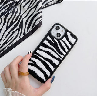 Warm plush zebra design silicon embroidery case cover for iPhone